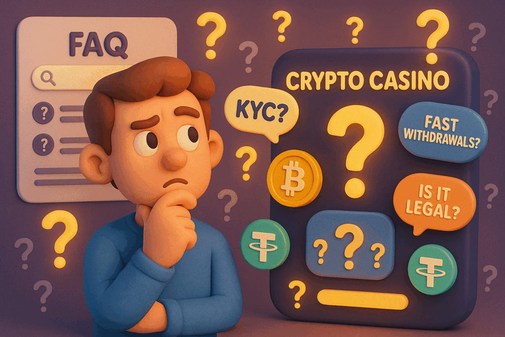 Confused man surrounded by crypto gambling questions about legality, withdrawals, KYC, Bitcoin, and USDT