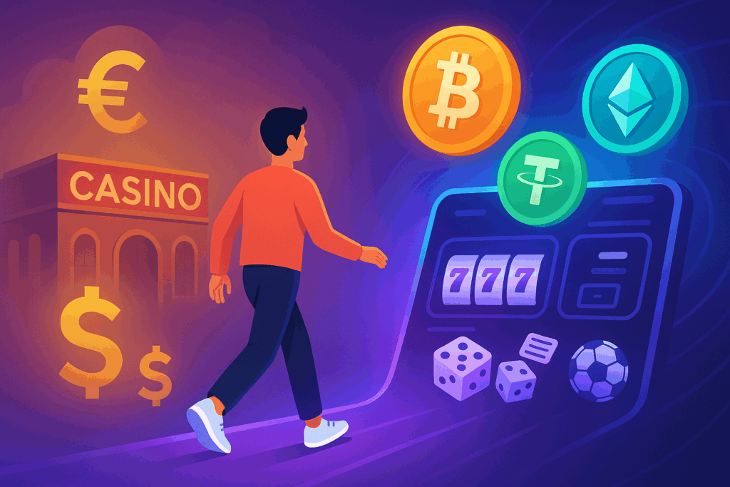Illustration of a person moving from fiat money to crypto gambling using Bitcoin, Ethereum, and USDT