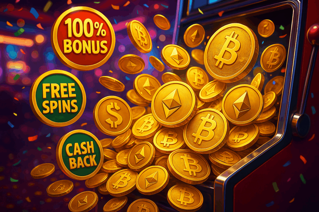 Bitcoin and Ethereum coins pouring from a slot machine with bonus icons for 100% deposit, free spins, and cashback rewards