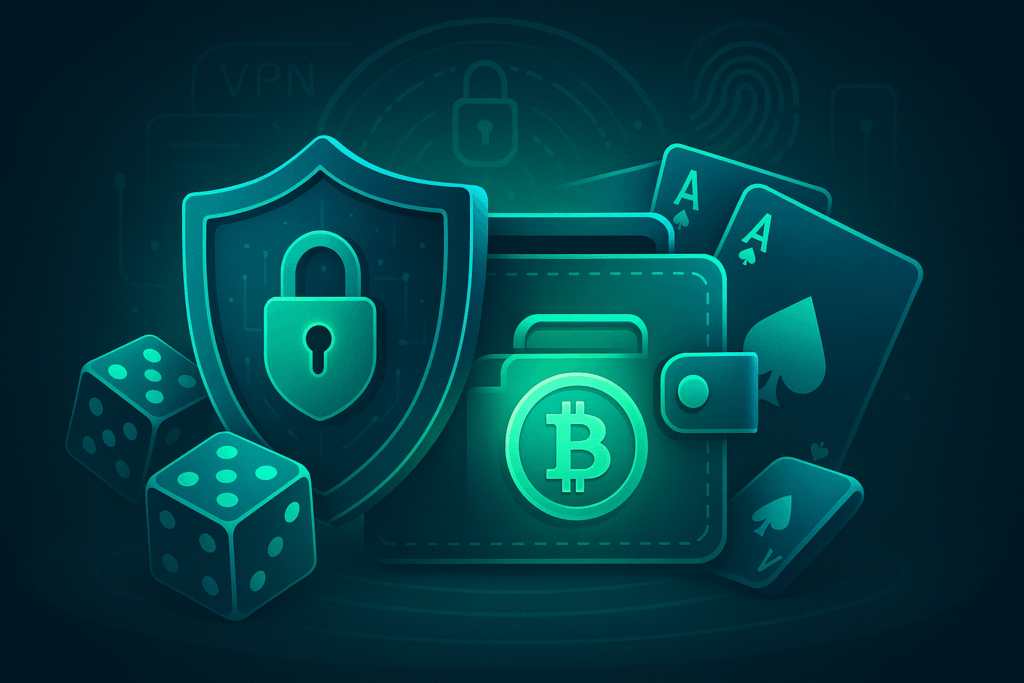 Secure Bitcoin wallet with padlock, shield, and crypto gambling elements including cards and dice